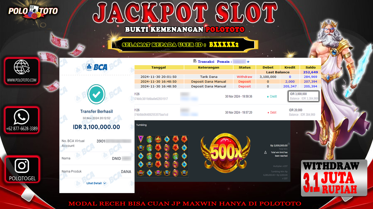POLOTOTO JACKPOT SLOT GATES OF OLYMPUS 1000 Rp.3,100.000,-
