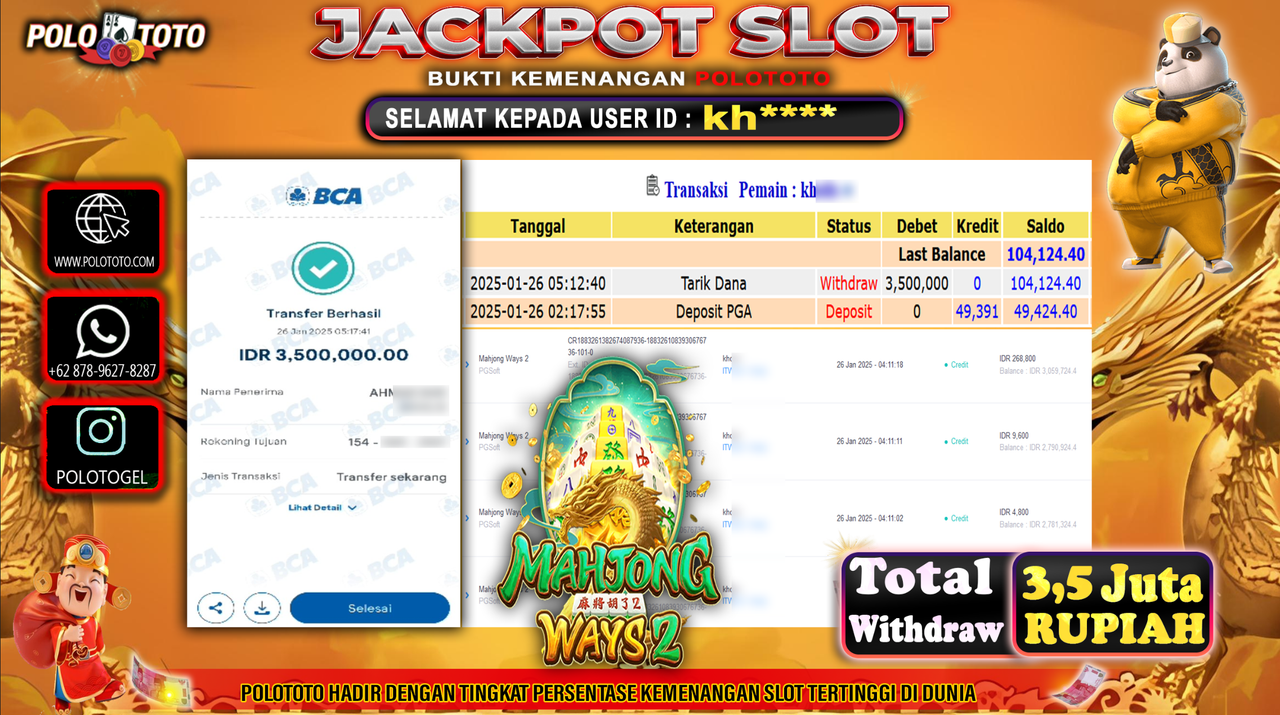 POLOTOTO JACKPOT SLOT MAHJONG WAYS 2 Rp.3,500.000,-