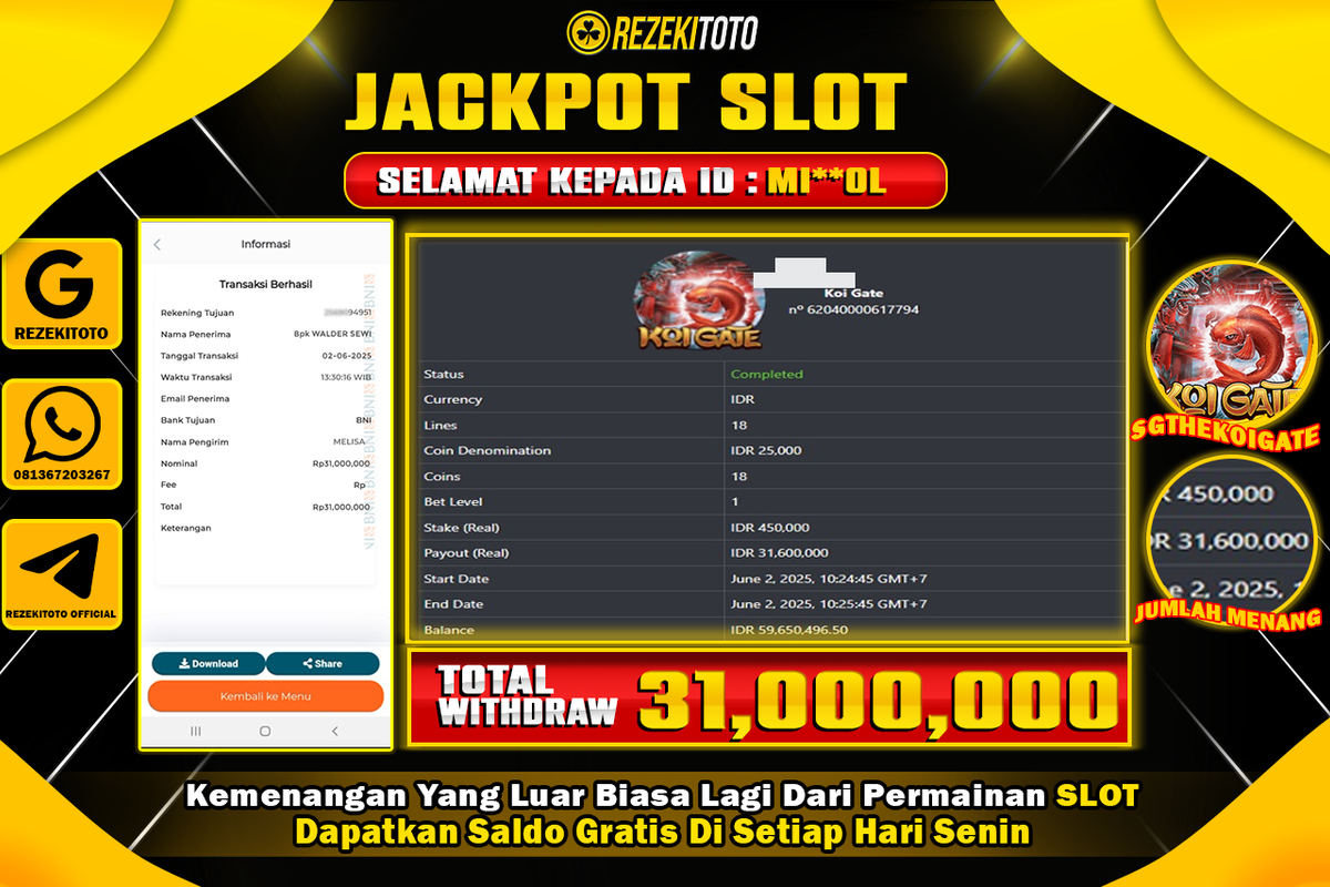 BUKTI KEMENANGAN 02 JUNI 2025 WD SGT KOI GATE 31 JUTA 