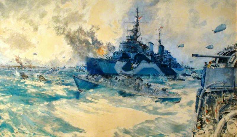 HMS Belfast, Roberts, Emerald y Rodney, anclados en la cabeza de playa