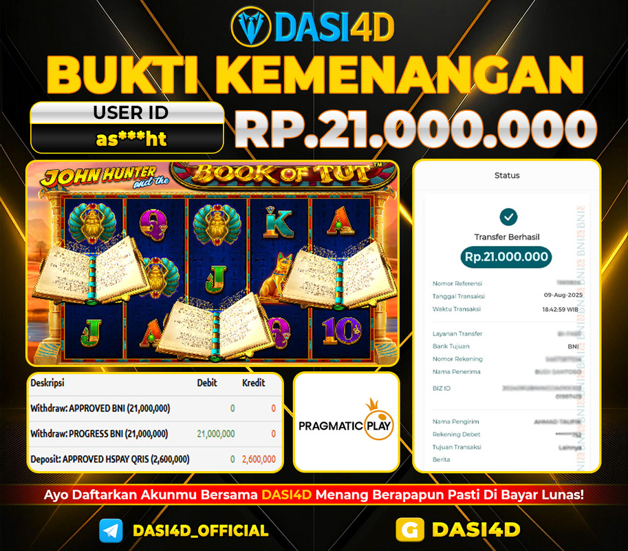 BUKTI KEMENANGAN 09 AGUSTUS 2025 DI JOHN HUNTER BOOK OF TUT WD 21.000.000