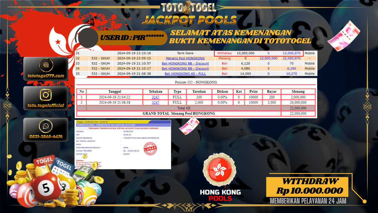 Bukti Kemenangan Permainan Togel  Hongkong Pools Dengan ID : FIR*****  Terbayar Lunas!!