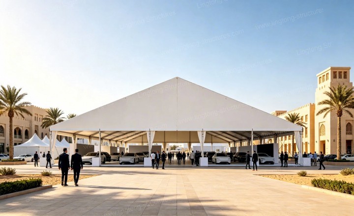 Climate control system with HVLS fans inside commercial event tent