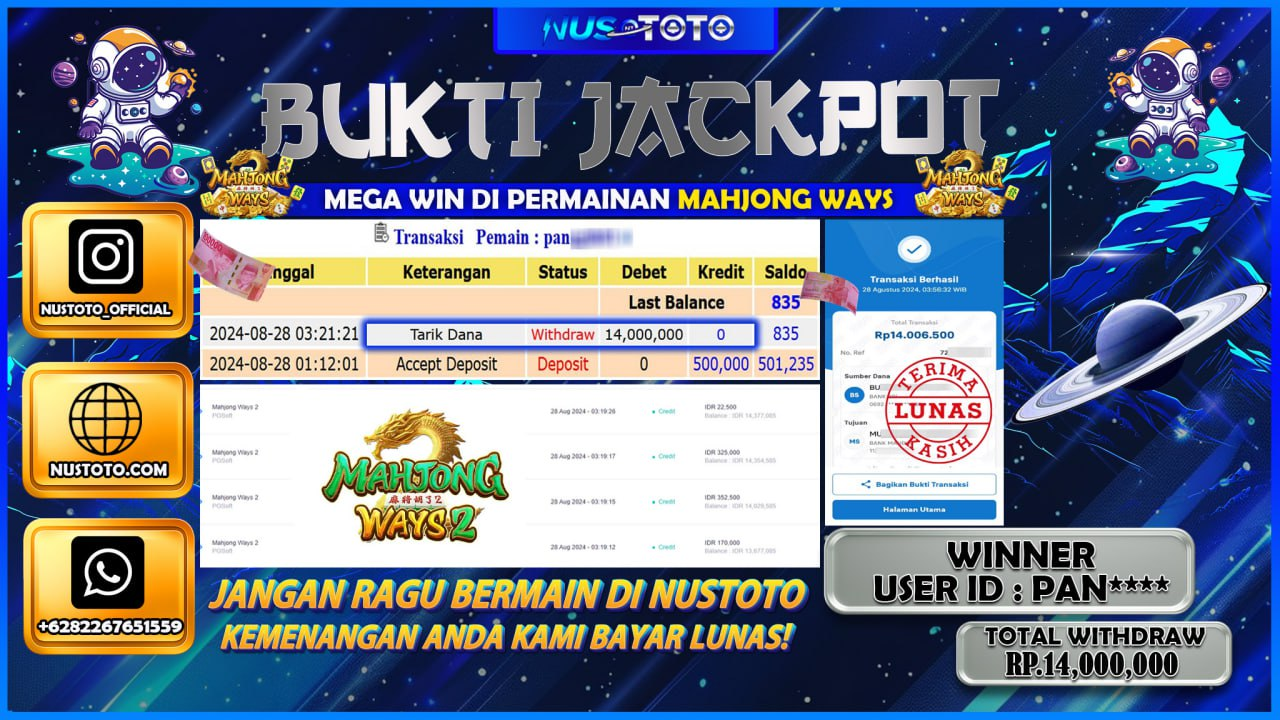 MEGA WIN !!! MENANG BESAR DI PERMAINAN MAHJONG WAYS 2  !!! KEMENANGAN SEBESAR RP 14.000.000 DI BAYAR SECEPAT KILAT DONG OLEH NUSTOTO
