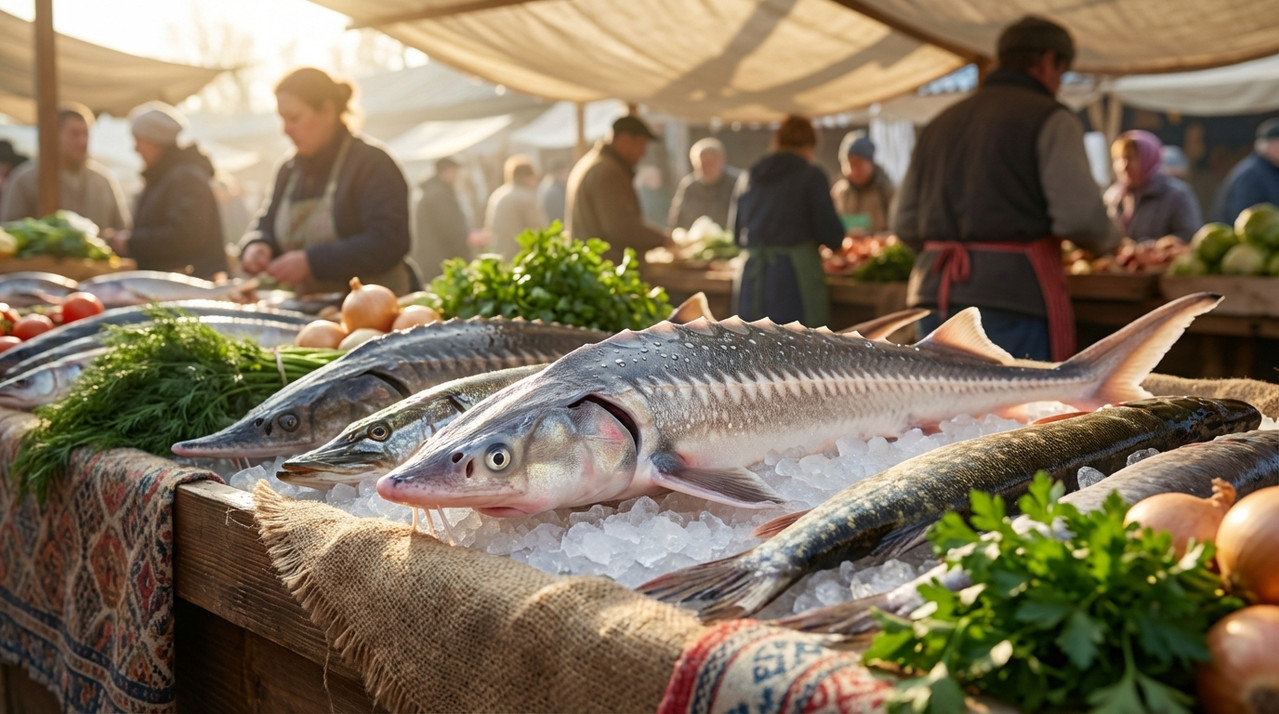 Свежая стерлядь на рынке в России
