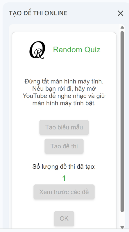 Giao diện tạo bài thi online trong Random Quiz