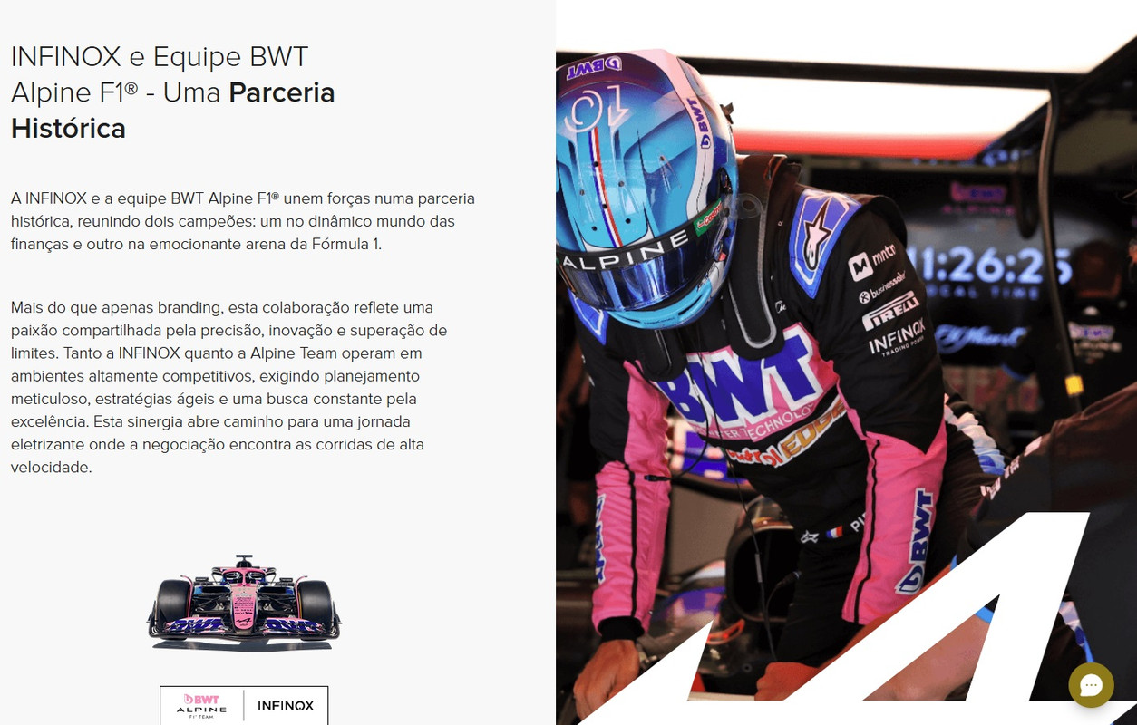 Patrocínio da Infinox com a equipe BWT Alpine F1 Team, destacando a parceria e o desempenho.