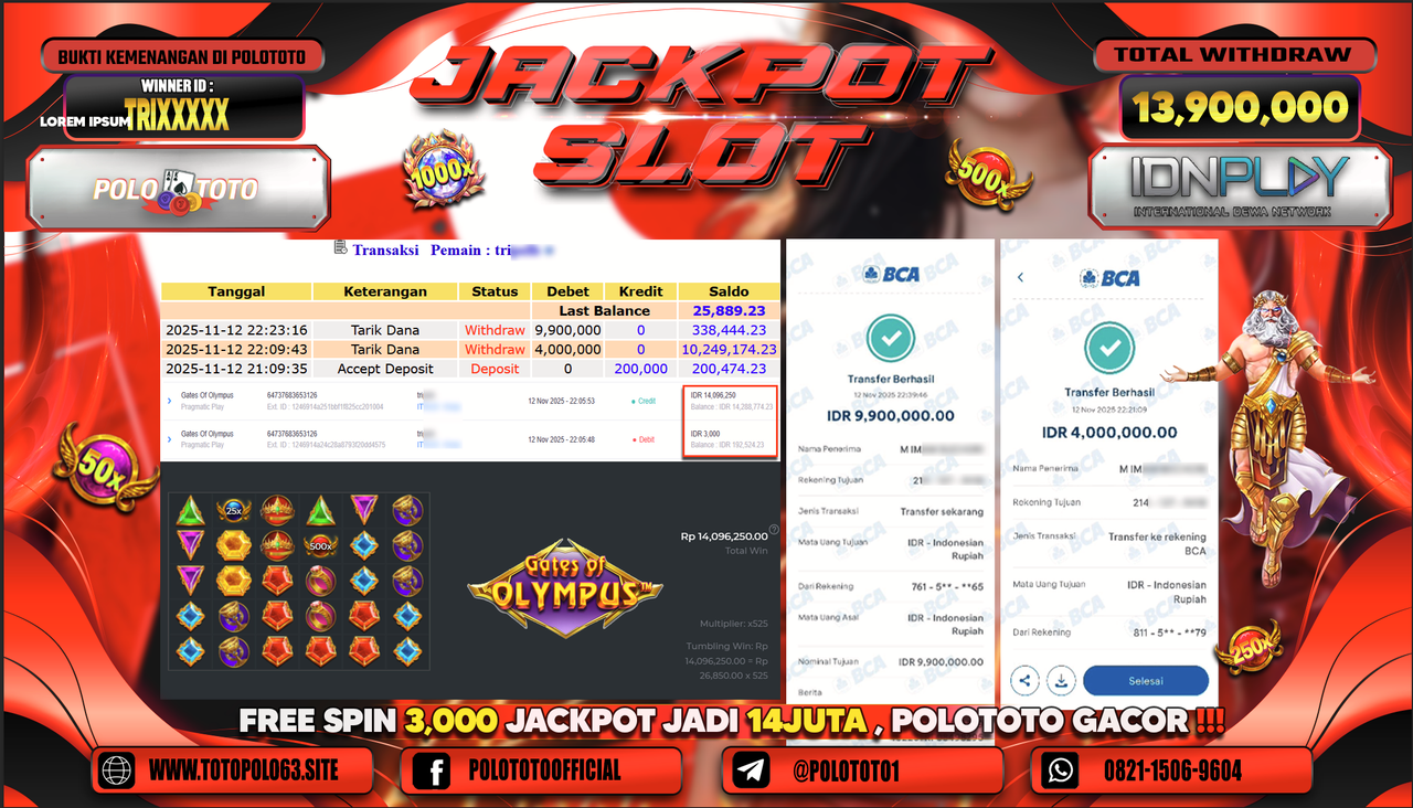 POLOTOTO JACKPOT SLOT GATES OF OLYMPUS Rp.13.900.000,- LUNAS