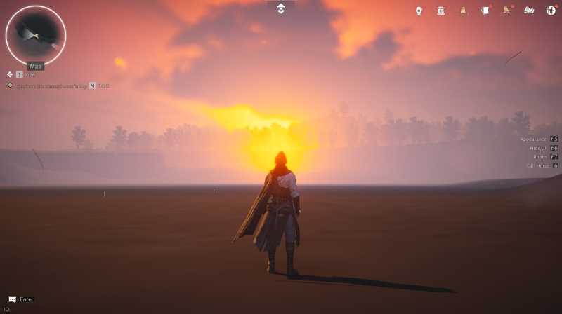 screenshot of the WWM player character standing in what appears to be a stark stretch of dry land with almost nothing in it