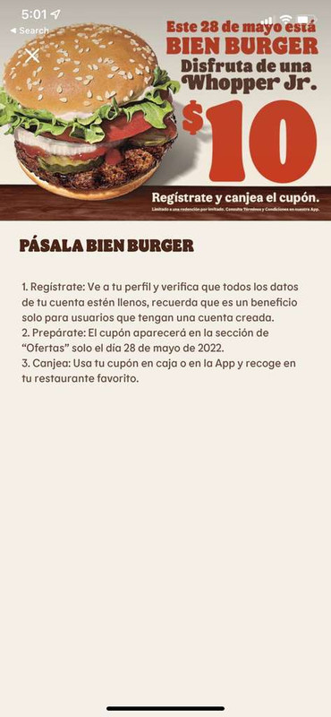 Burguer King: 28 de mayo whopper jr a $10 pesos 