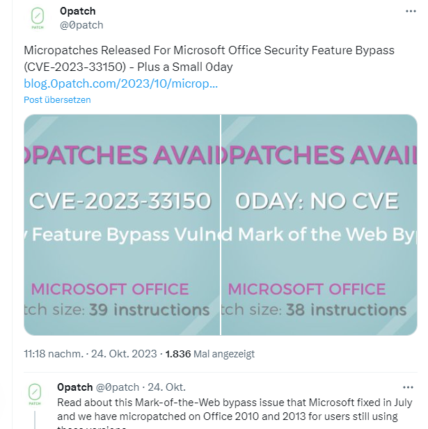 0patch Micropatches for Microsoft Office security feature bypass (CVE-2023-33150)  – Born's Tech and Windows World