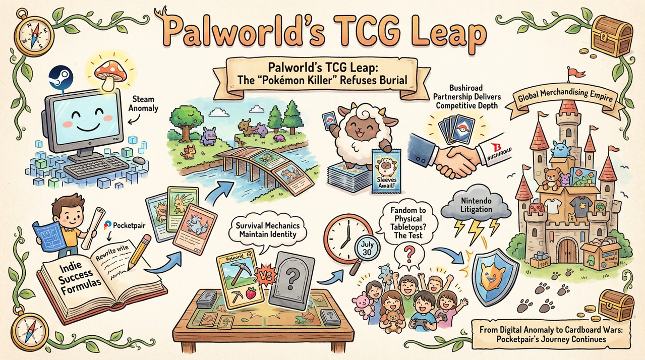 Palworld Goes Full Pokémon With Official Trading Card Game - July 2026 Launch 1 Trading card game battle with colorful creature cards representing Palworld TCG gameplay