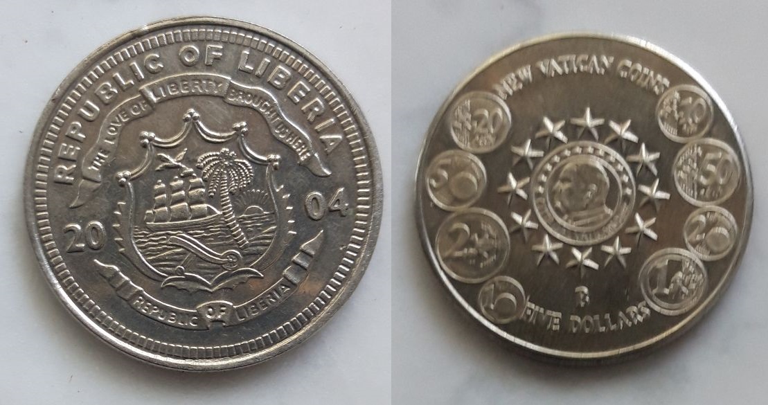 5 Dólares de Liberia. 2004. Conmemorativa nueva monedas del Vaticano Liberia