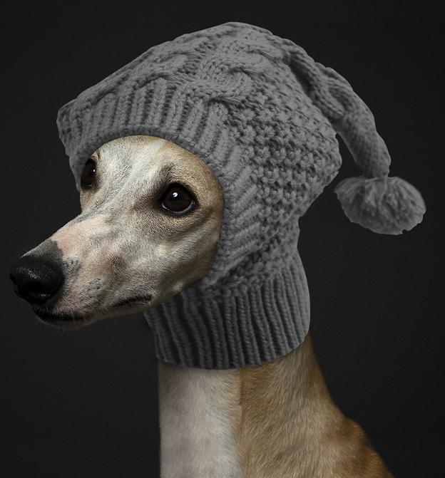 Size L Grey Whimsical Knit Dog Hat with Pom-Pom - Cozy Winter Pet Beanie & Snood