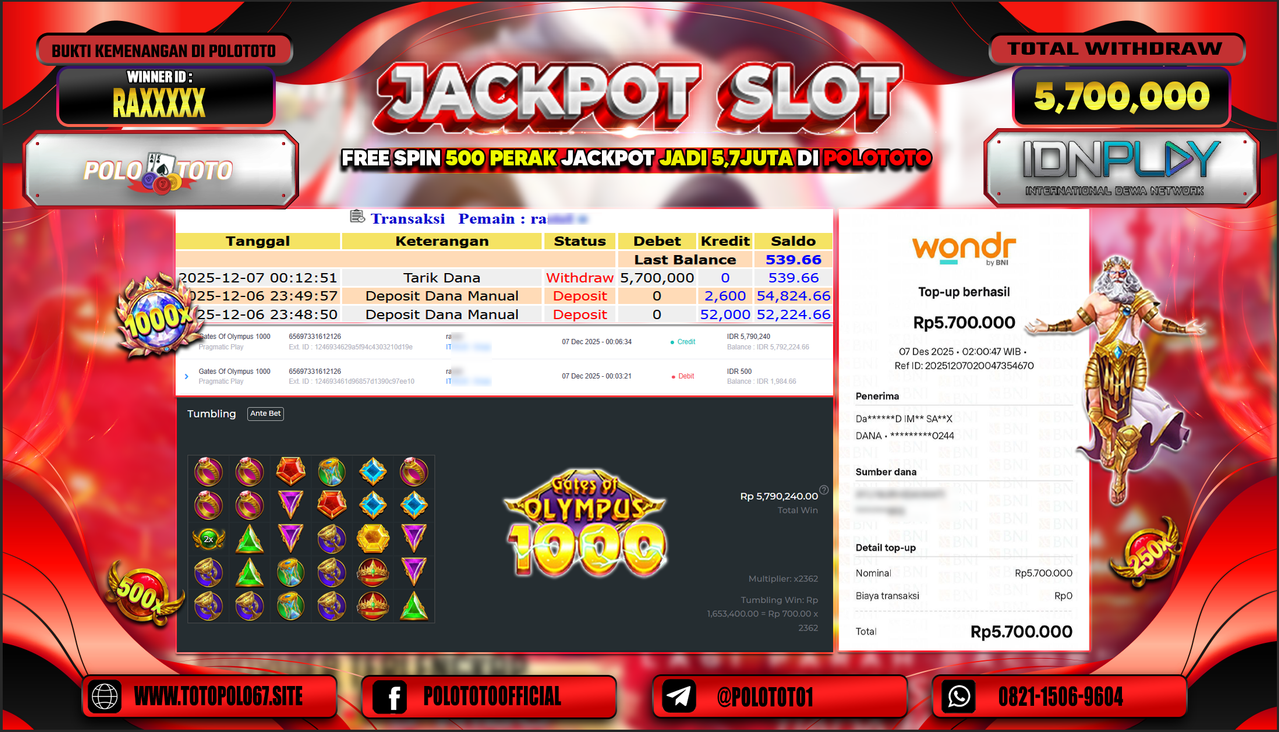 POLOTOTO JACKPOT SLOT GATES OF OLYMPUS 1000 Rp.5.700.000,- LUNAS