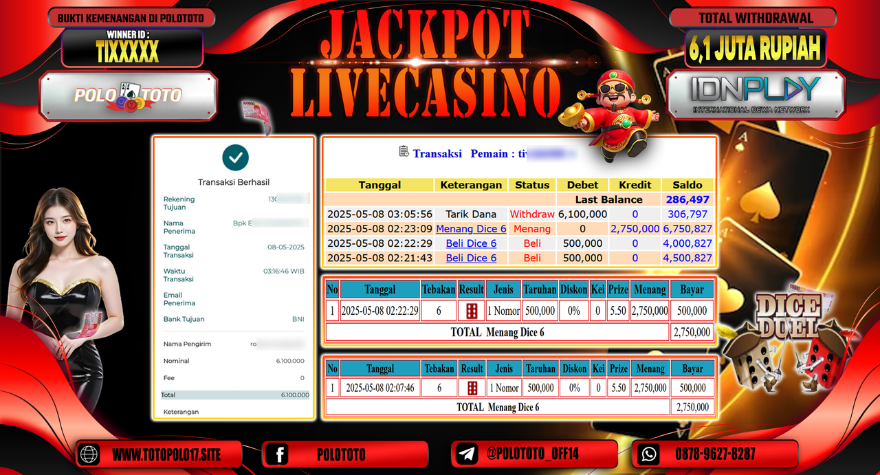 POLOTOTO JACKPOT LIVE CASINO DICE 6 Rp.6.100.000,-