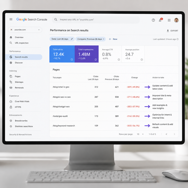 how to find pages losing traffic Google Search Console step by step guide 2026