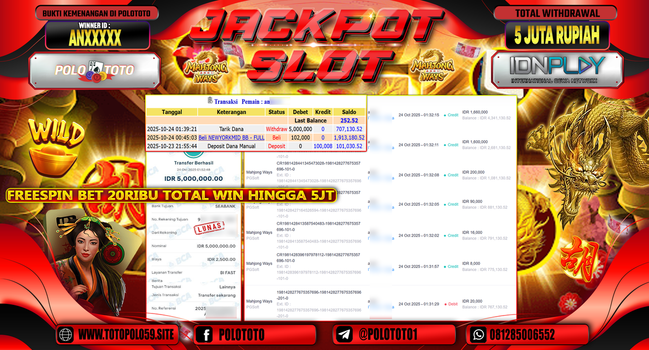 POLOTOTO JACKPOT SLOT MAHJONG WAYS Rp.5.000.000,- LUNAS