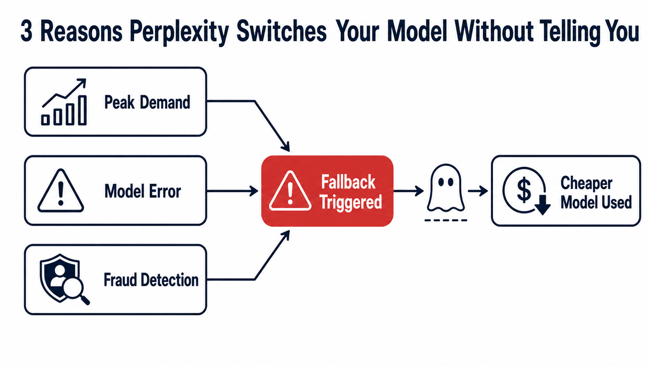 Perplexity silently changing selected model — fallback trigger flowchart showing peak demand, model error, and fraud detection routes