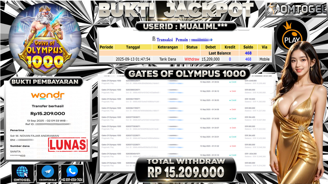 OMTOGEL JACKPOT PRAGMATIC PLAY GATES OF OLYMPUS 1000 15 JUTA DI BAYAR LUNAS ,-