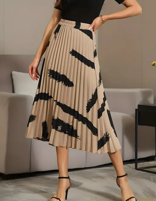 Skirt For Women | Brush Print Pleated Skirts, Vintage Elastic Waist Midi Skirts, Women's Clothing(Premium Quality) Color1 (R230)