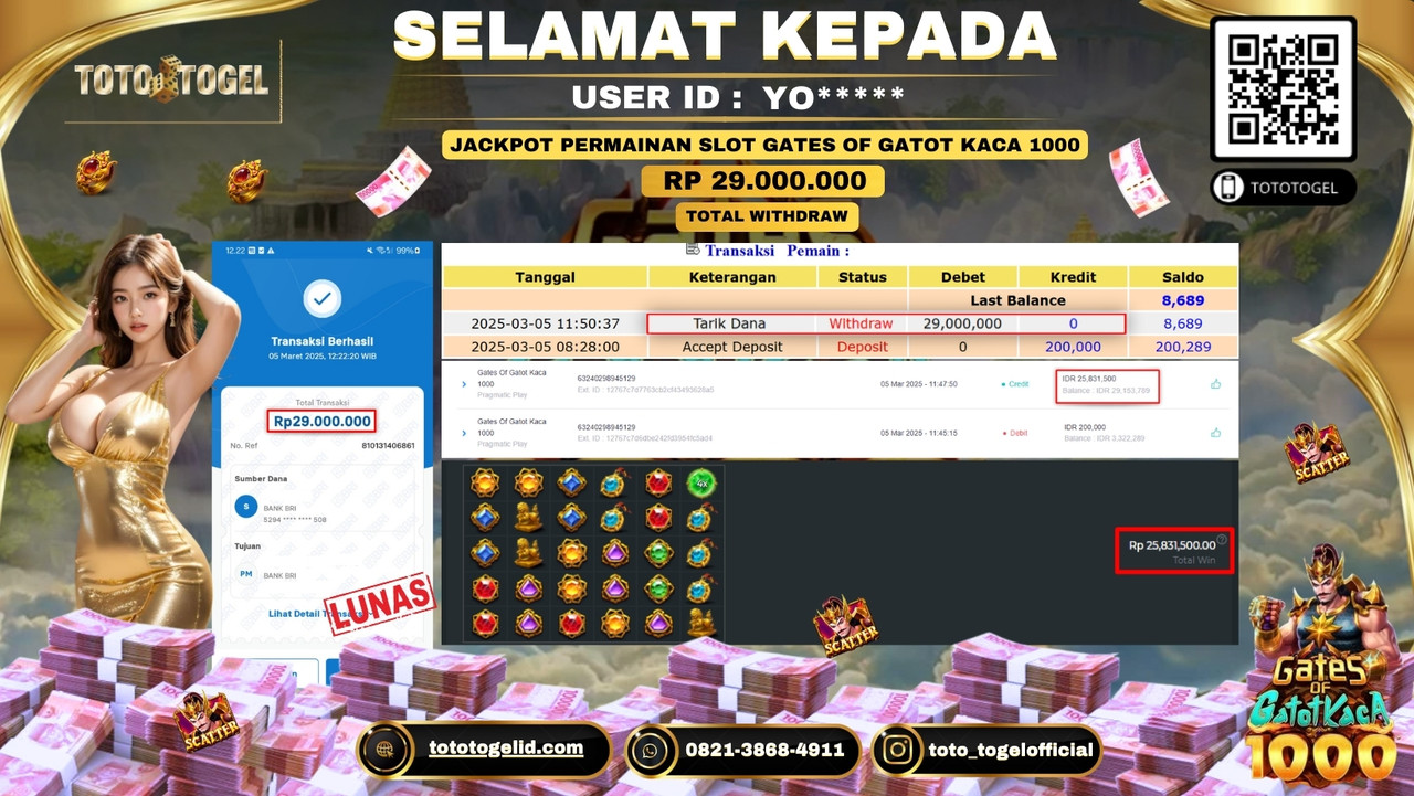 Bukti Pembayaran Jackpot  Permainan Slot Gates Of Gatot Kaca 1000  ID:YO***** LUNAS