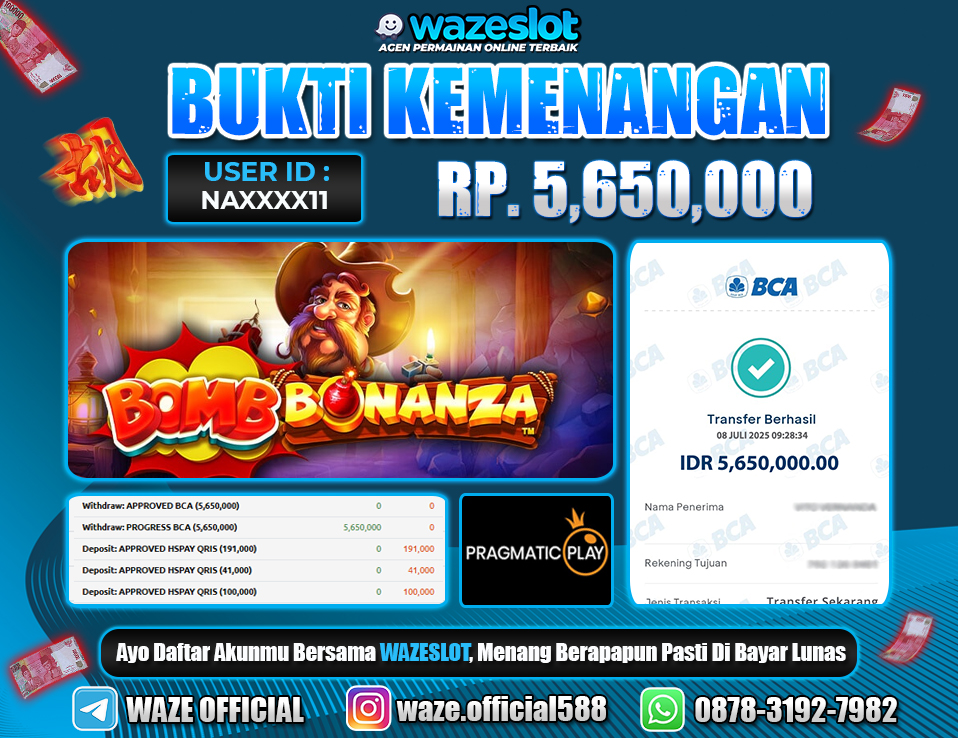 BUKTI KEMENANGAN 08 JULI 2025 DI GAME BOMB BONANZA