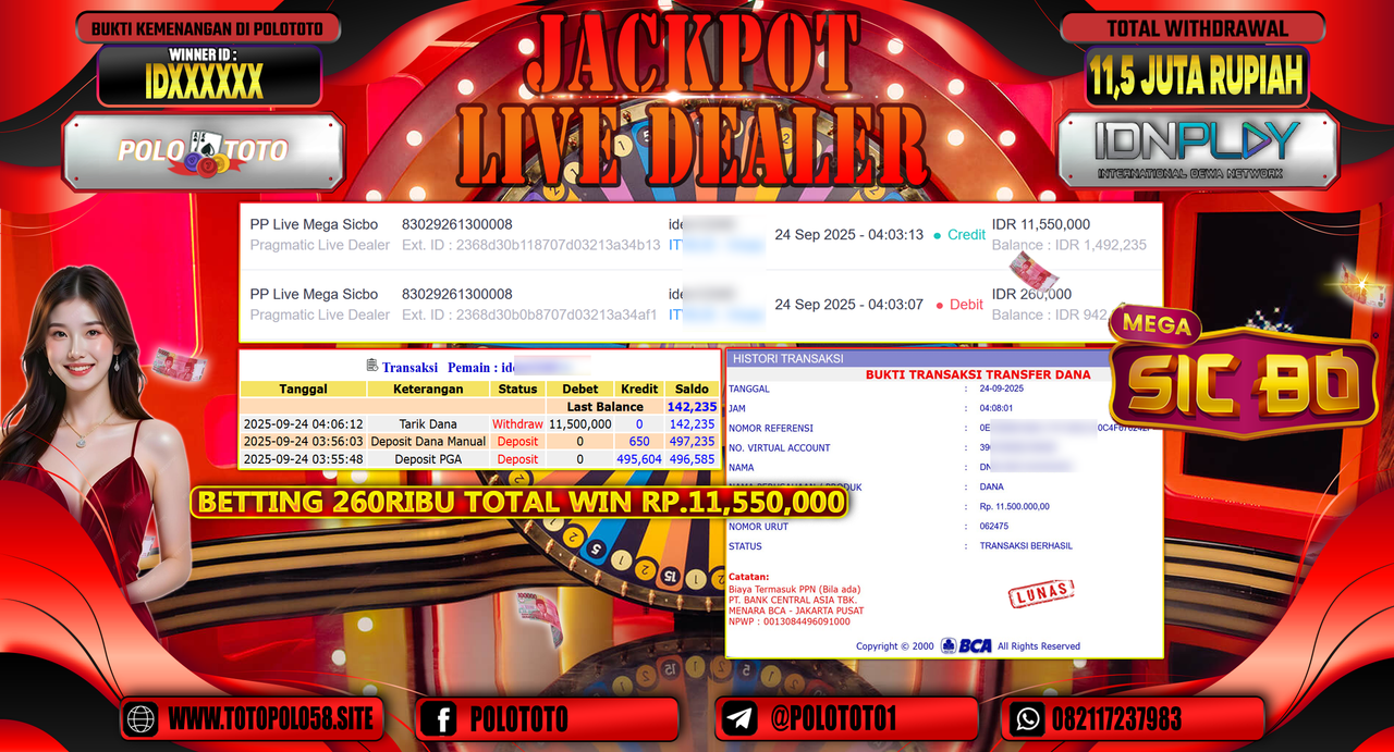 POLOTOTO JACKPOT LIVE DEALER PP LIVE MEGA SICBO Rp.11.500.000,- LUNAS