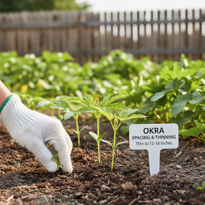 Spacing and thinning guide for okra plants in garden beds and pots
