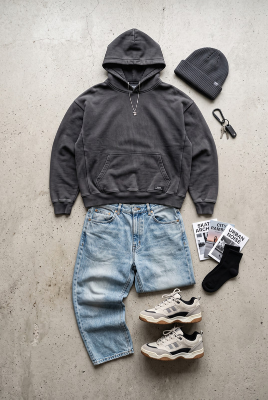 Aesthetic streetwear flatlay featuring an oversized hoodie, baggy denim jeans, and retro skate shoes