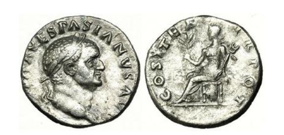 Denario de Vespasiano. COS. ITER. TR. POT. Paz sedente. Roma Trajan