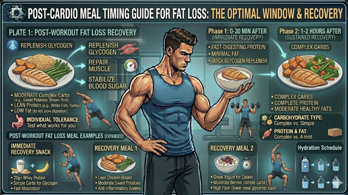 Post-cardio meal timing guide for fat loss showing when to eat after cardio and best protein sources for recovery