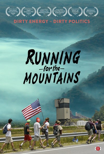 Running For The Mountains 2024 movie poster showing a runner against a vast, beautiful mountain backdrop