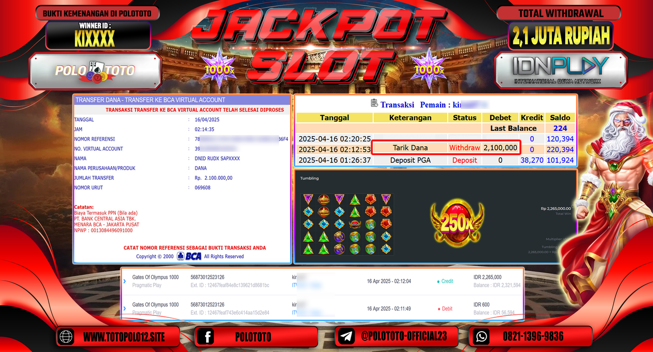 POLOTOTO JACKPOT SLOT GATES OF OLYMPUS 1000 Rp.2.100.000,-
