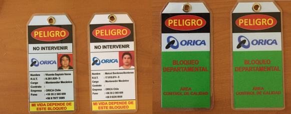 Ejemplo de tarjetas de bloqueo termolaminadas fabricadas por Prosigna, incluye tarjeta roja con texto de seguridad para procedimientos de bloqueo