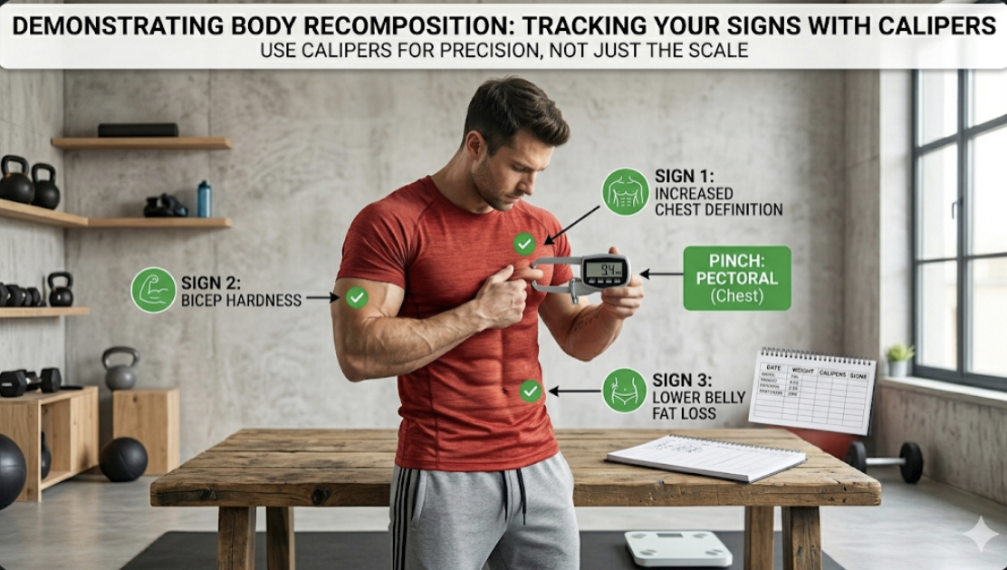 Person taking progress photo with phone in front of mirror, showing how to track muscle vs fat gain through visual evidence and body recomposition signs
