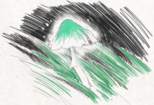 A type of mushroom from Breath of the Wild, depicted against grass in the darkness. The mushroom's glow illuminates the immediate area. It is a thin mushroom with fin-like protrusions on its stem and a teal-white cap.