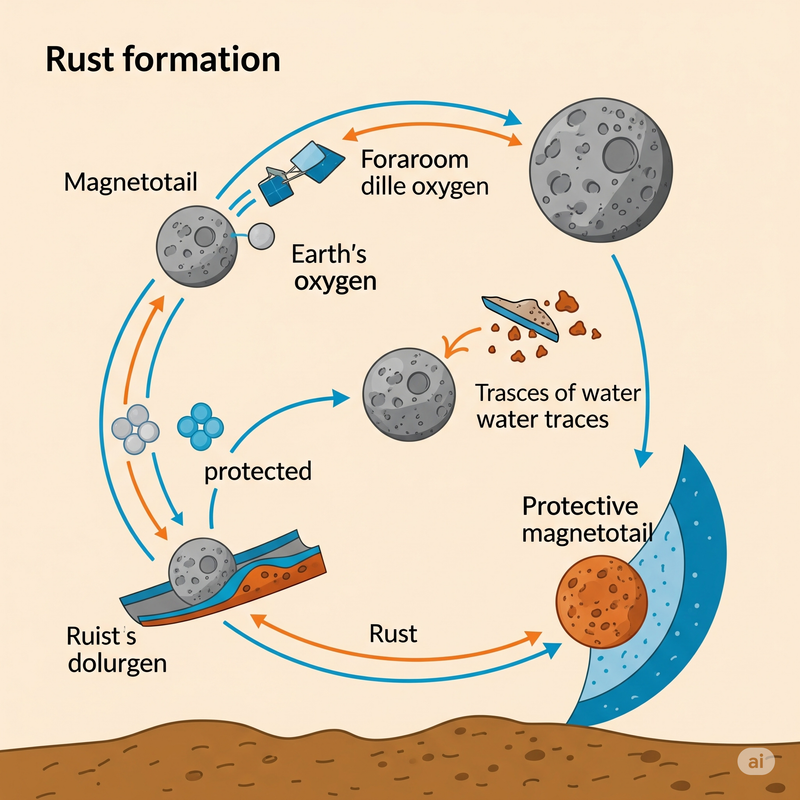 A conceptual image showing the Moon's surface with subtle indications of water ice hidden in permanently shadowed craters at the poles, crucial for the chemical reactions leading to rust formation.