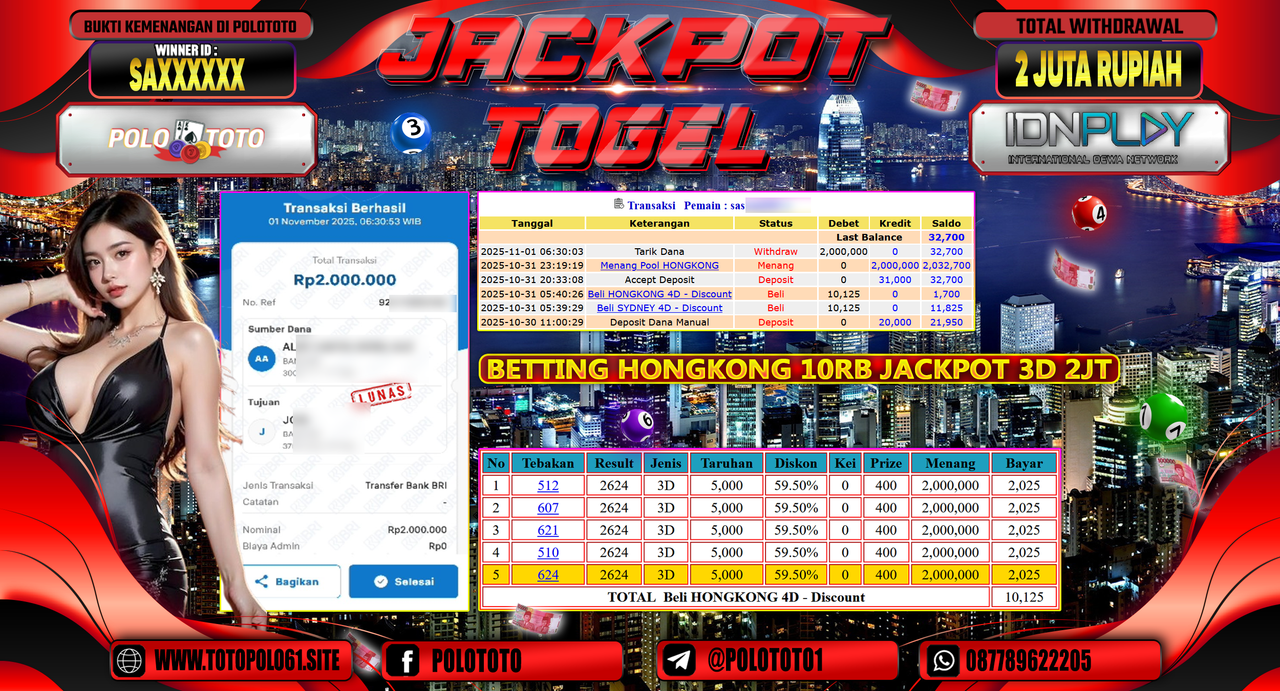 POLOTOTO JACKPOT TOGEL MENANG HONGKONG LOTTO Rp.2.000.000,- LUNAS