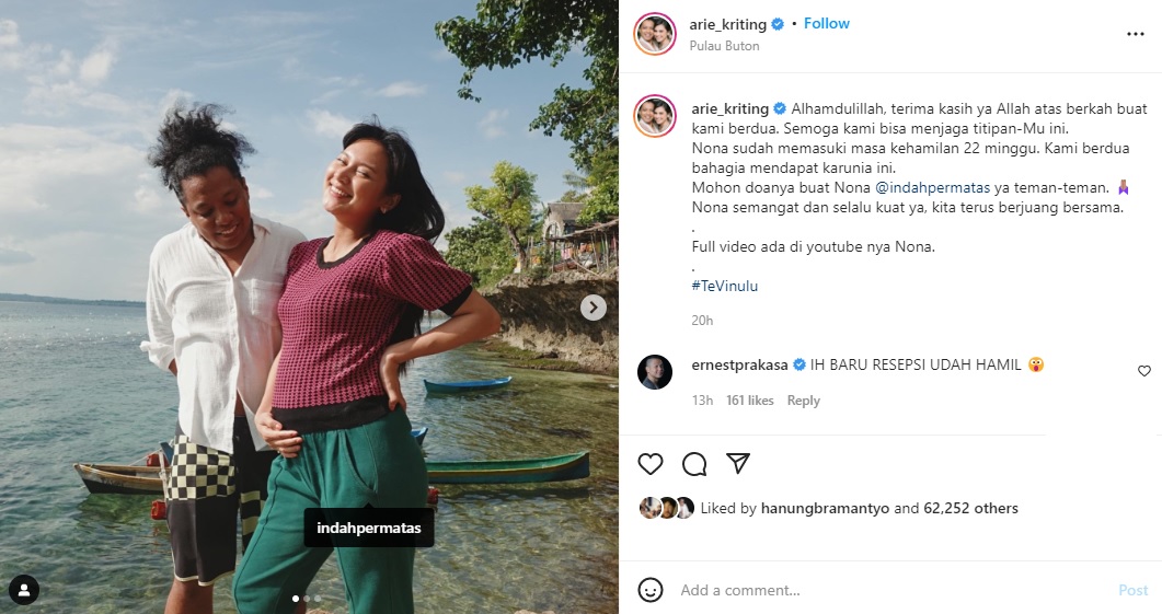 Arie Kriting dan Indah Permatasari umumkan kehamilan anak pertama.