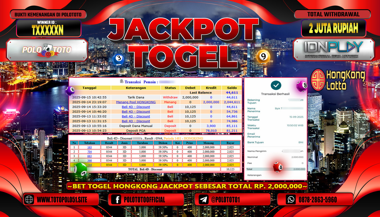POLOTOTO JACKPOT TOGEL POOL HONGKONG Rp.2.000.000,-LUNAS