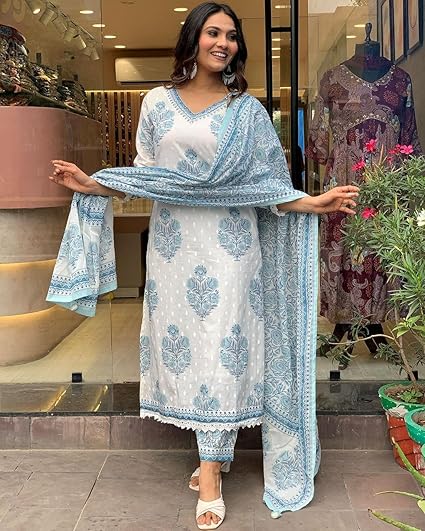 Nermosa Block Printed Kurta Set for Women with Dupatta
