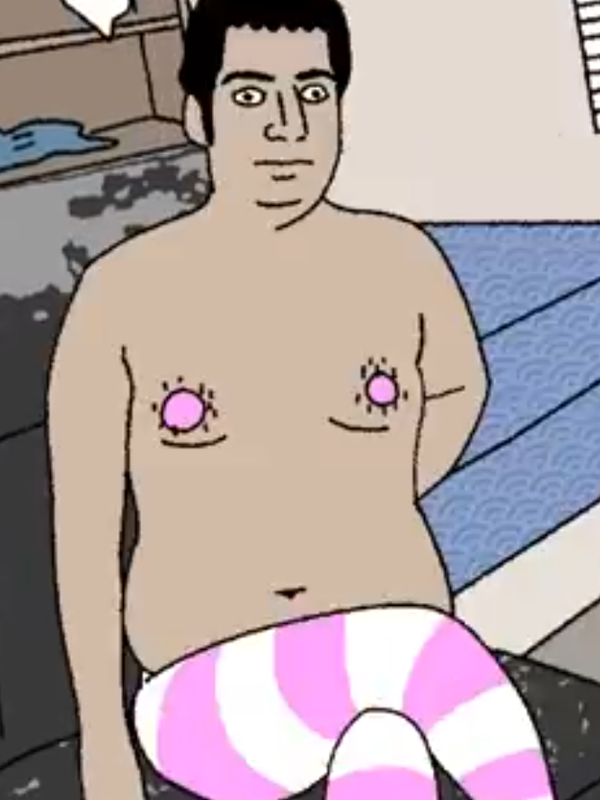 the same flabby tanned shirtless guy sitting cross legged in a computer chair