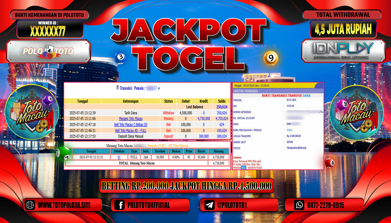 POLOTOTO JACKPOT TOGEL TOTO MACAU Rp4.500.000,- LUNAS