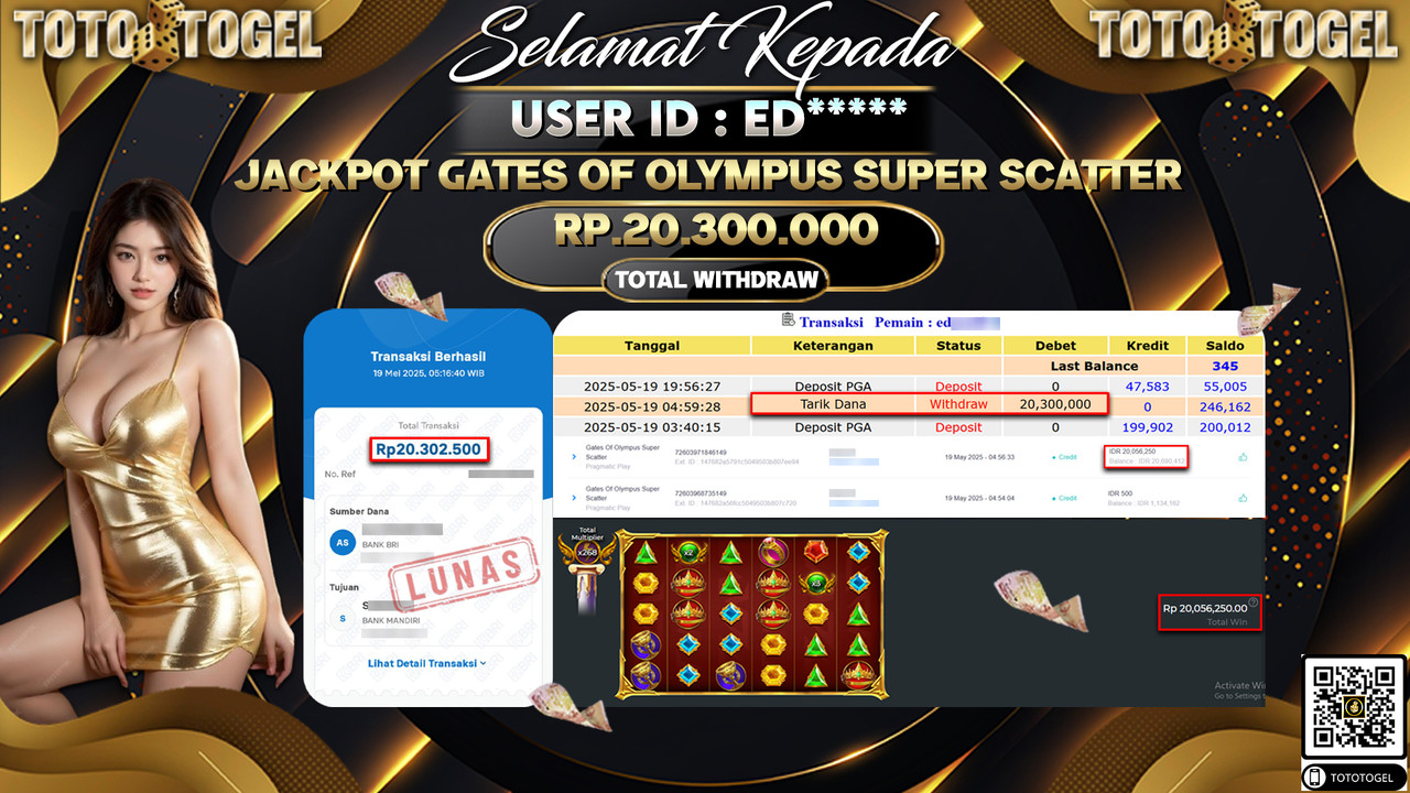 Bukti Pembayaran Jackpot Permainan Slot Gates Of Olympus Super Scatter ID:ED***** LUNAS