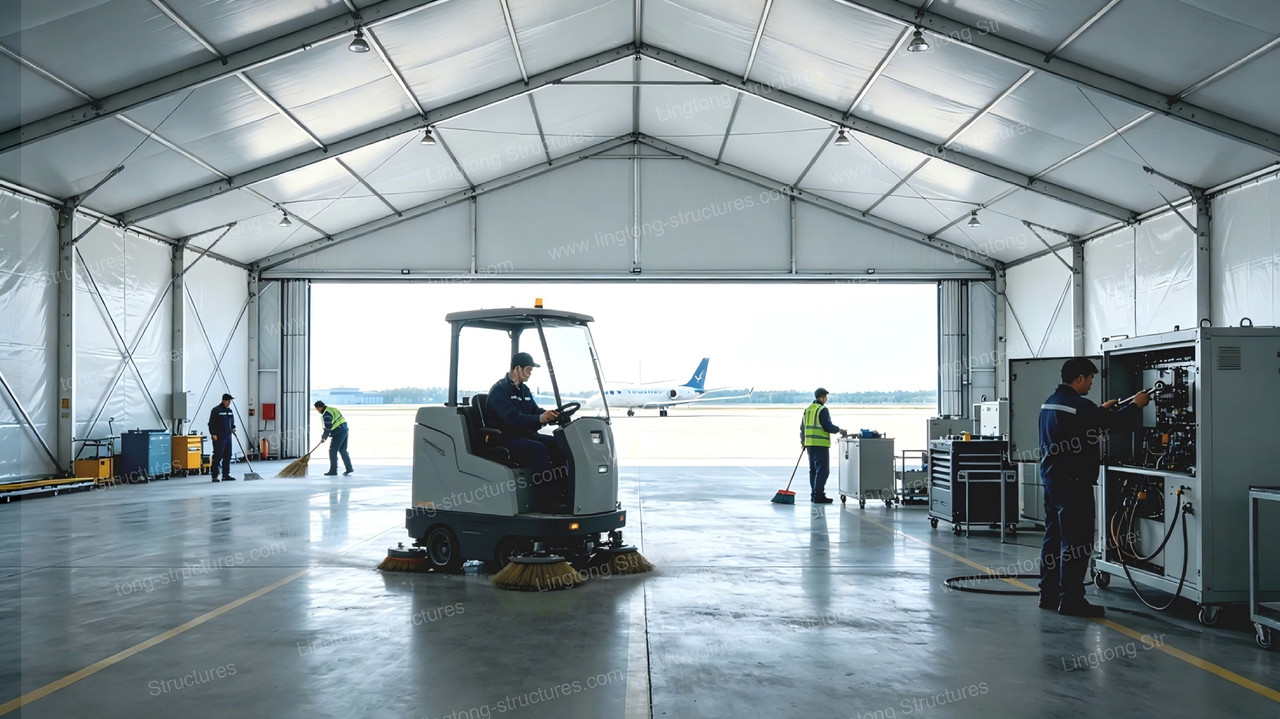 US Aviation Club using large span aluminum aircraft hangar tent for helicopter parking and maintenance