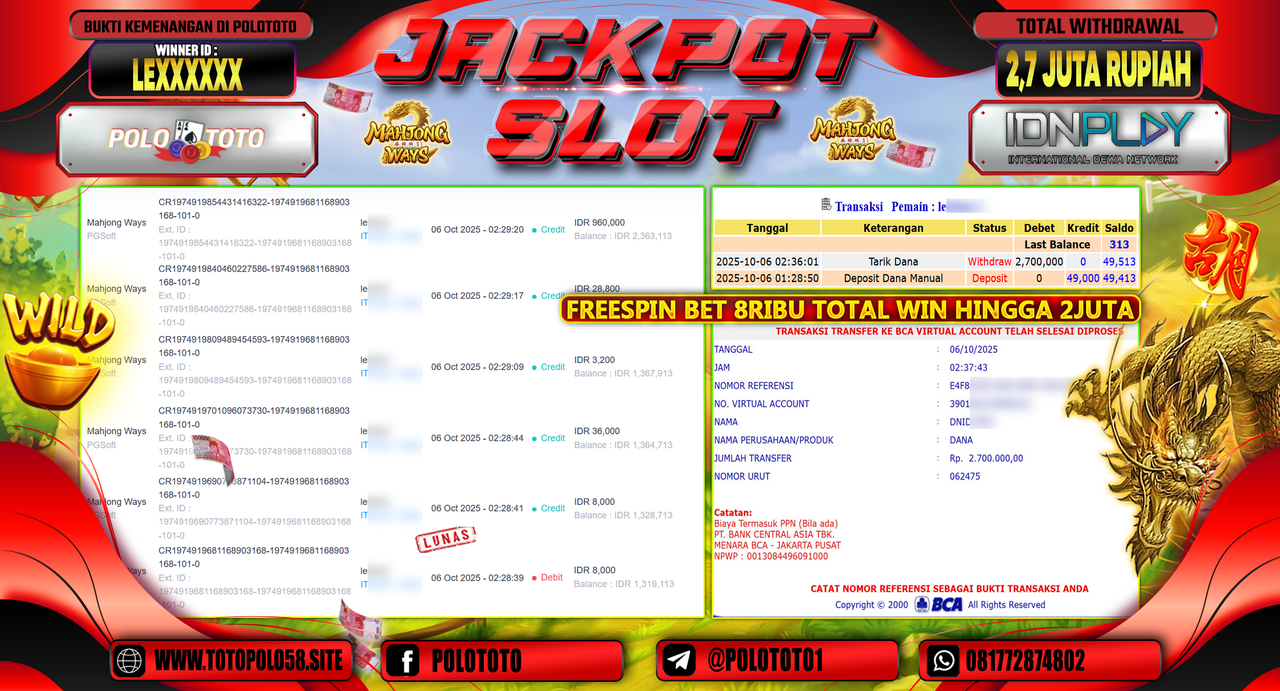 POLOTOTO JACKPOT SLOT MAHJONG WAYS Rp.2.700.000,- LUNAS