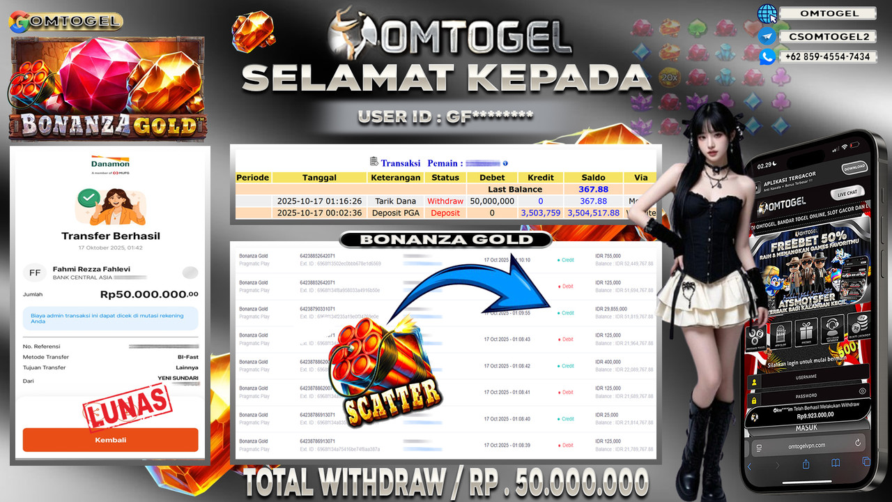 OMTOGEL JACKPOT PRAGMATIC PLAY BONANZA GOLD 50 JUTA DI BAYAR LUNAS ,-