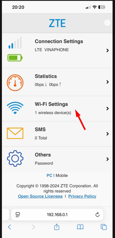 Trang cài đặt Wi-Fi ZTE - đổi SSID