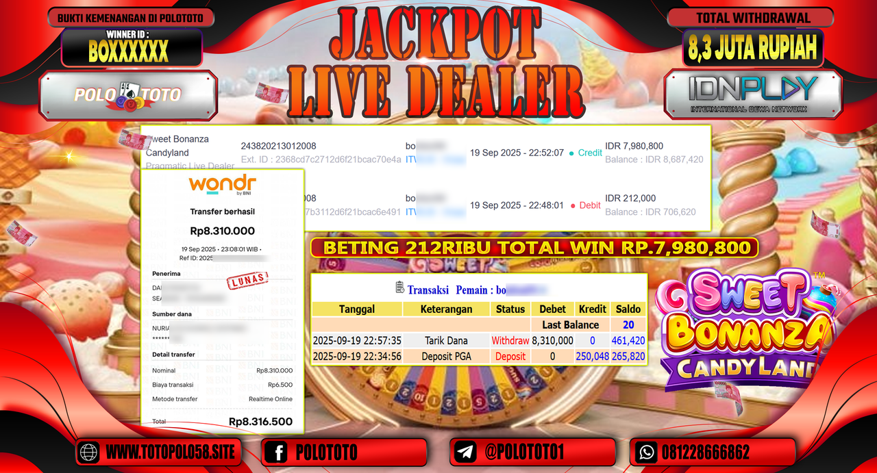 POLOTOTO JACKPOT SLOT SWEET BONANZA CANDYLAND Rp.8.310.000,-
